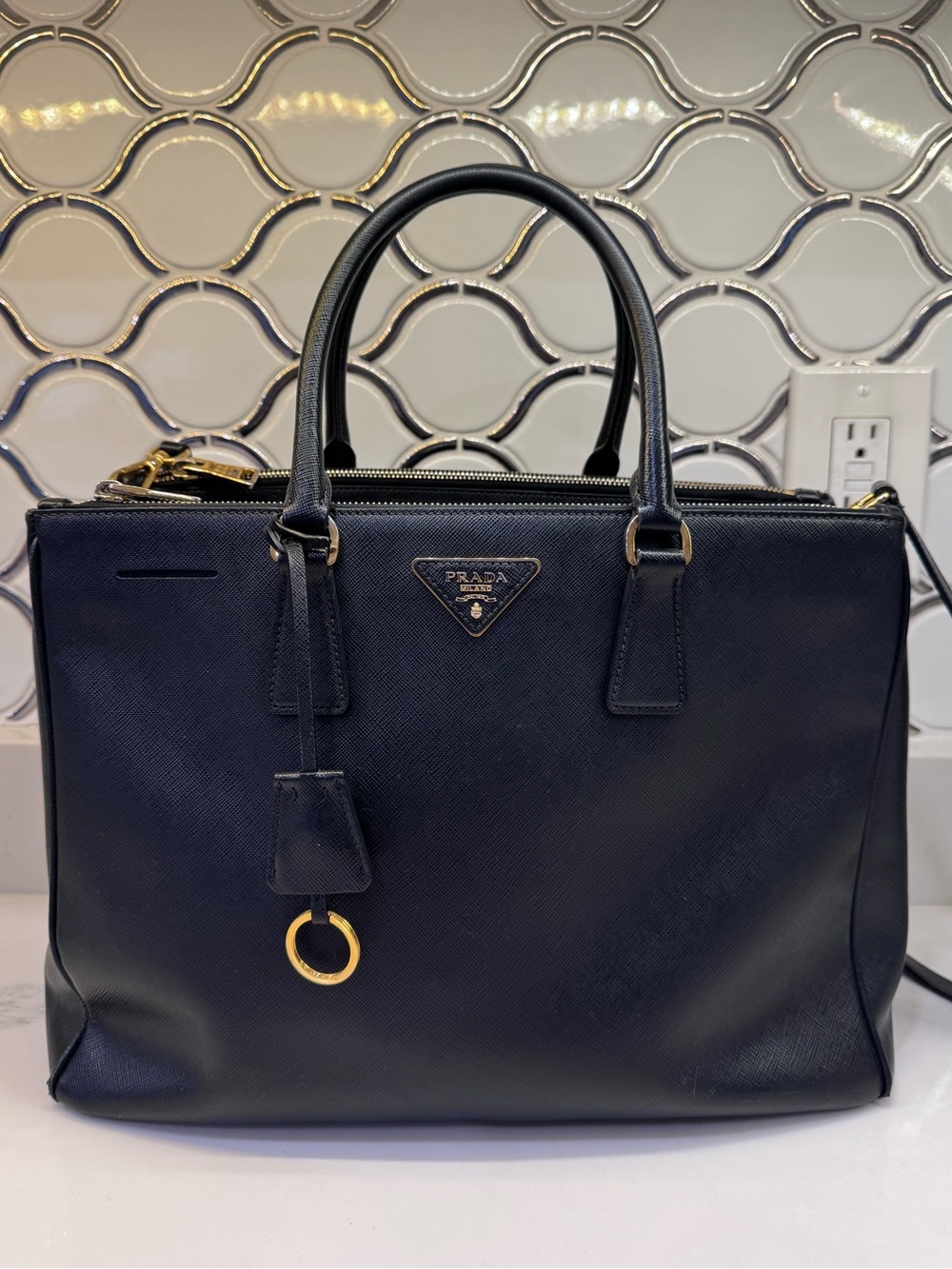 Authentic Prada Black Saffiano Leather Galleria Satchel with Gold Hardware